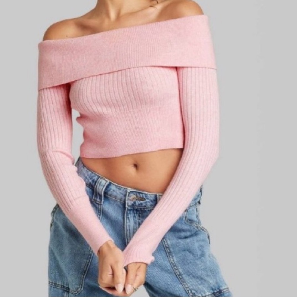 Wild Fable Cropped Off-Shoulder Ribbed Sweater - Pink